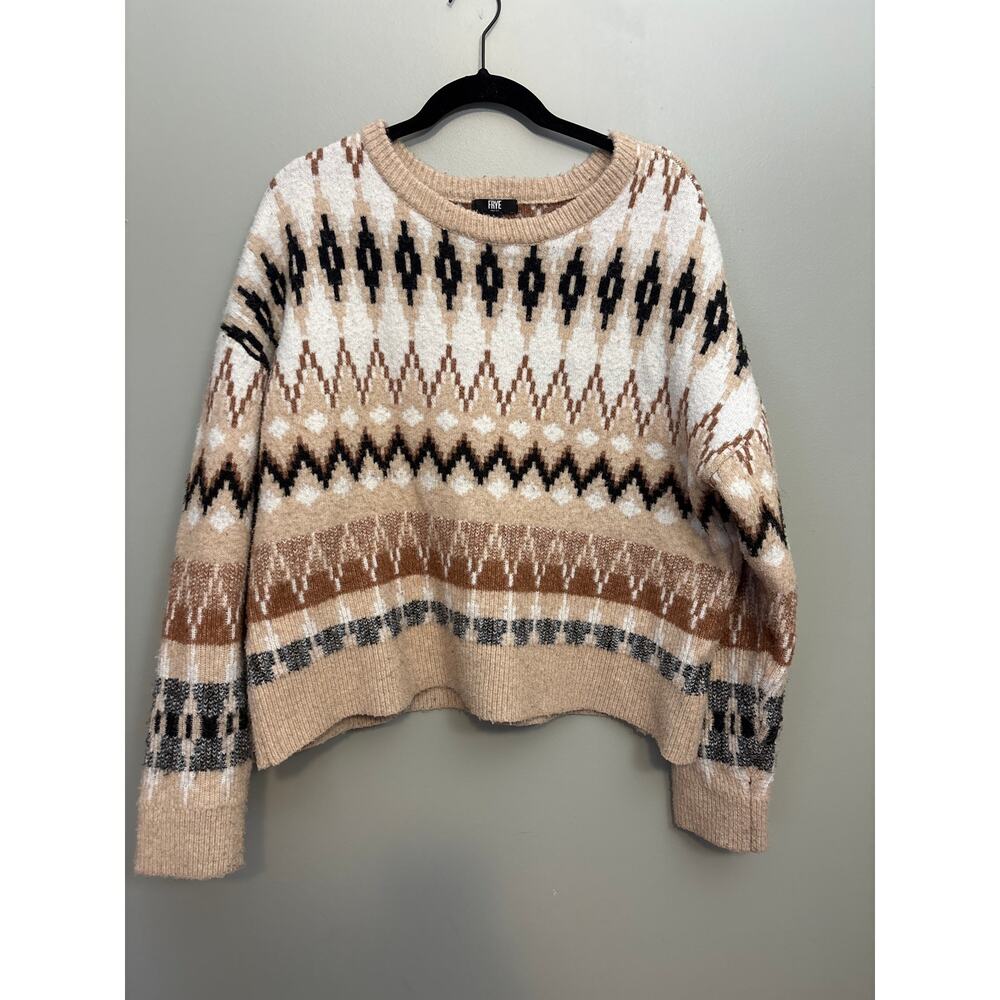 FRYE Geometric Fair Isle Knit Sweater Women's Size Large Tan Brown Cream